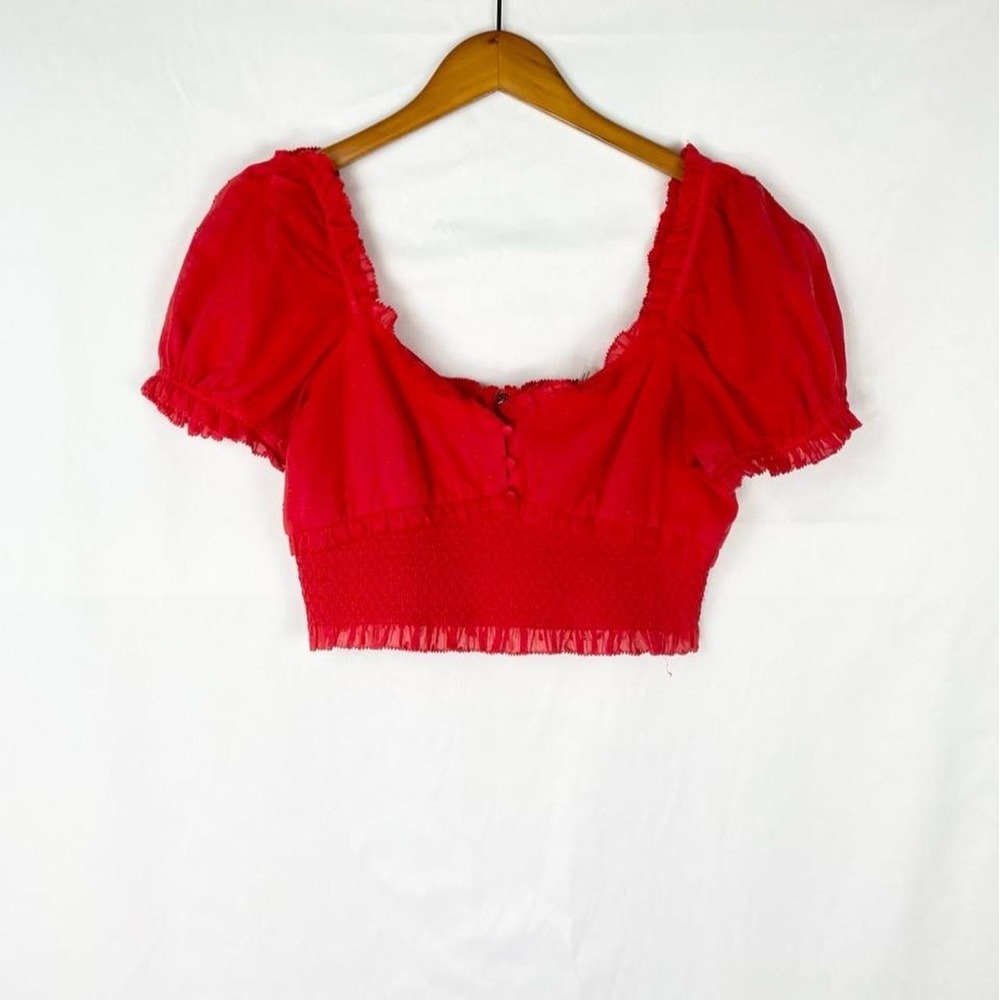 Alice + Olivia Rianna Puff Sleeve Smocked Crop Top Size Medium Red